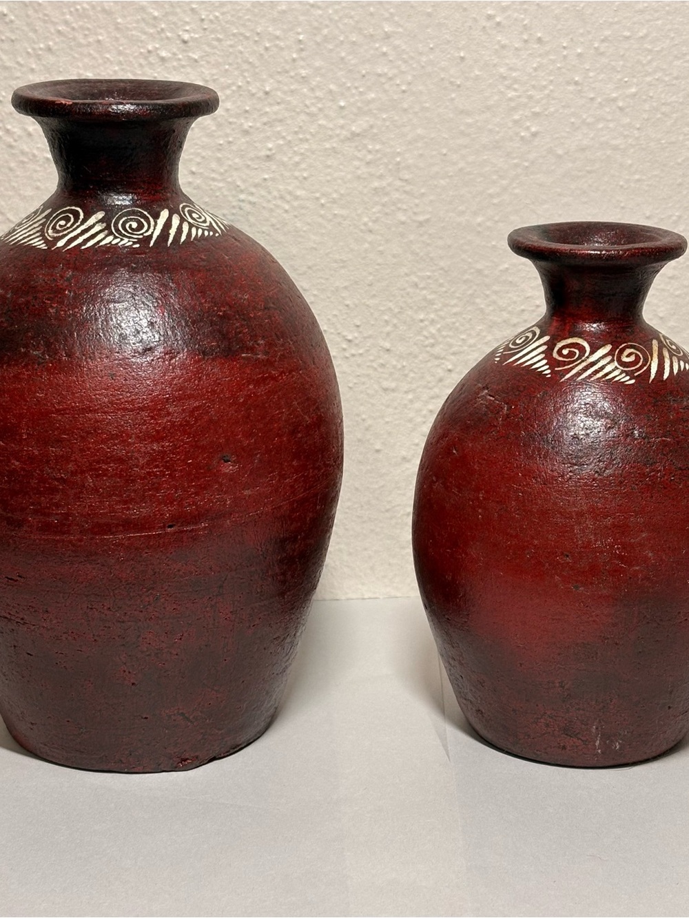 Pair‎ Vintage Mid Century Studio Pottery Vases - Red Sgraffito Spiral Design